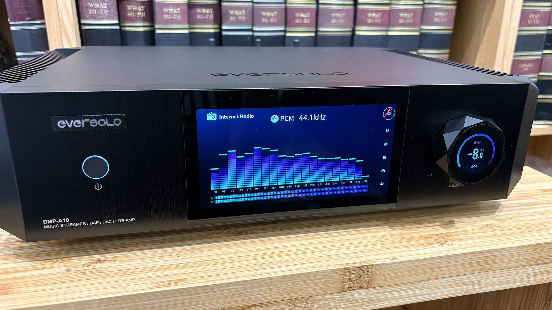 Eversolo DMP-A10 streaming amplifier showing file information on display screen