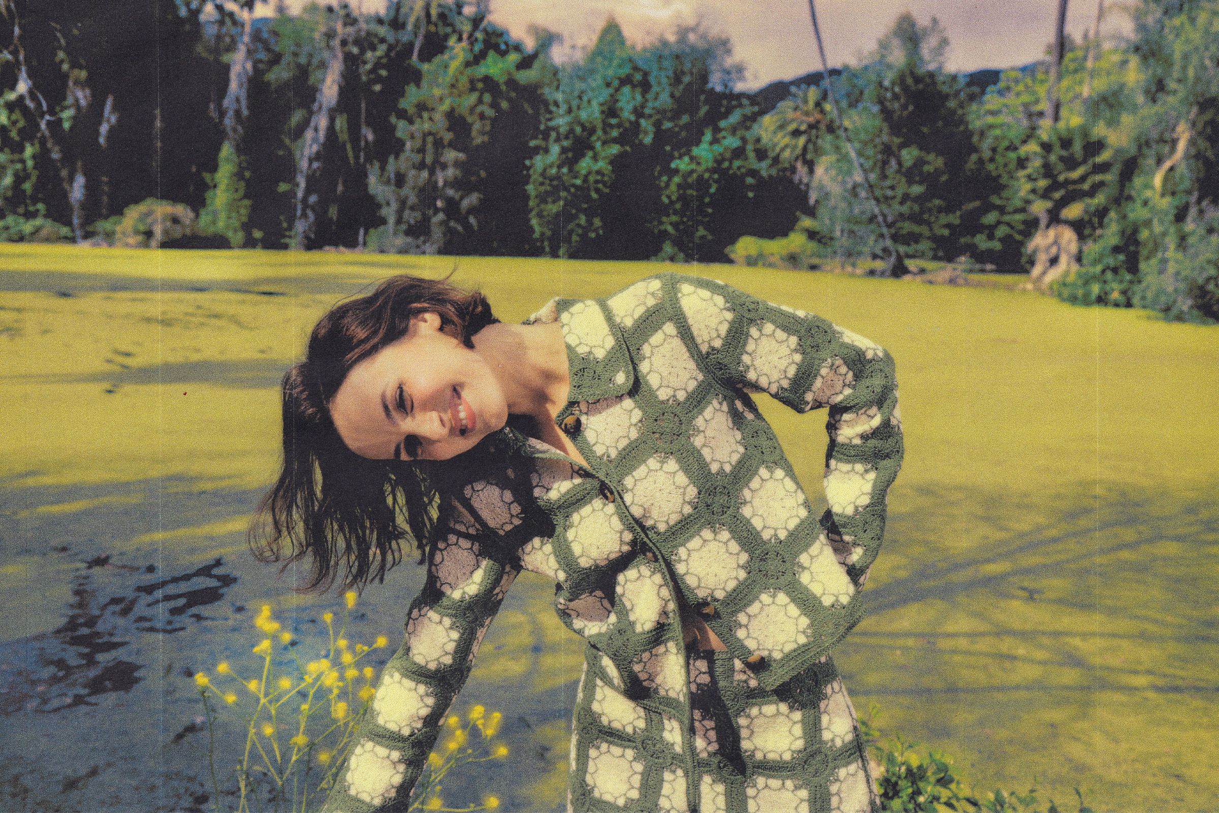 Maude Apatow photographed by Dana Trippe for Who What Wear wearing a matching green and white lace short and jacket set from Boden.