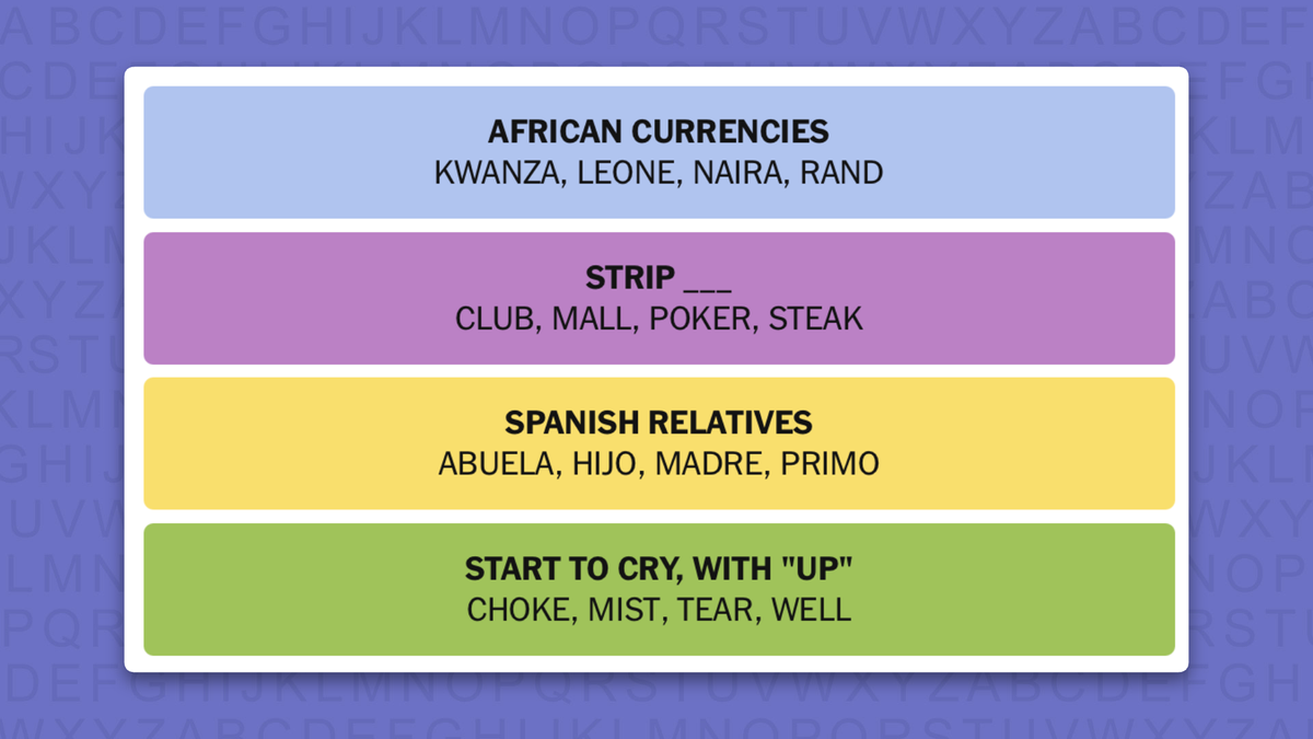 NYT Connections answers for game 1140 on a purple background
