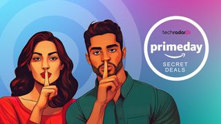 An AI-generated man and woman shushing with their finger to their lips. The TechRadar and Prime Day logos are on the right with "Secret Deals" text.