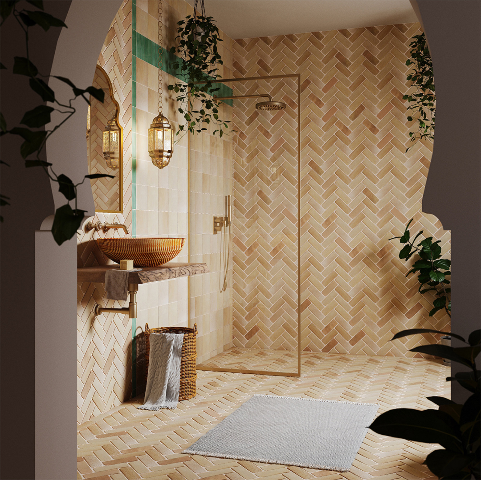 A bathroom with floor to ceiling matching tiles and a walk-in shower