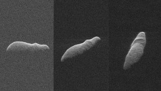 These three radar images of hippo-shaped near-Earth asteroid 2003 SD220 were captured between Dec. 15-17, 2018 using NASA's Goldstone antenna, the Arecibo Observatory in Puerto Rico and the Green Bank Telescope in West Virginia.