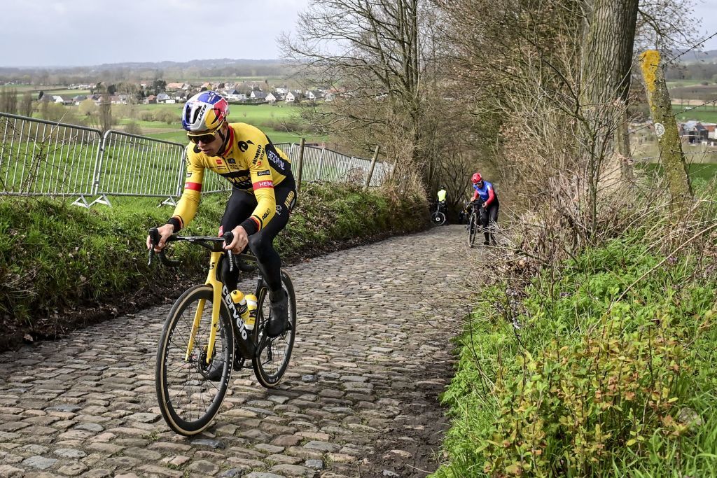 Belgian Wout van Aert of Team JumboVisma pictured in action during preparations of several teams on the track ahead of the Ronde van Vlaanderen Tour des Flandres Tour of Flanders cycling race Thursday 30 March 2023 The 107th edition of the cycling race will take place on Sunday 02 April BELGA PHOTO DIRK WAEM Photo by DIRK WAEM BELGA MAG Belga via AFP Photo by DIRK WAEMBELGA MAGAFP via Getty Images