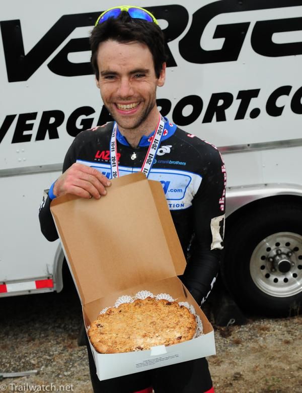 Race winner Justin Lindine (Bikereg.com-Joe's Garage) shows off his pie.