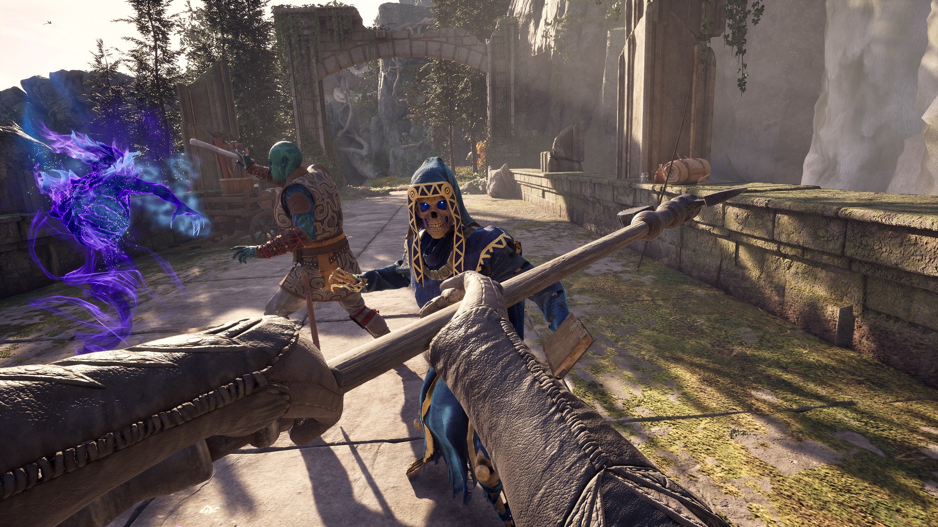 Avowed screenshot of first-person combat with a spear against a skeleton mage, with companion Kai fighting in the background