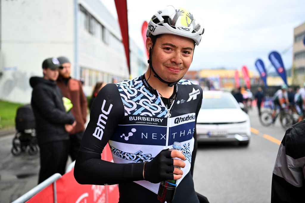 TROMSO NORWAY AUGUST 05 Harry Tanfield of United Kingdom and Team Qhubeka Nexthash at finish line during the 8th Arctic Race Of Norway 2021 Stage 1 a 1425km stage from Troms to Troms ArcticRace on August 05 2021 in Tromso Norway Photo by Stuart FranklinGetty Images