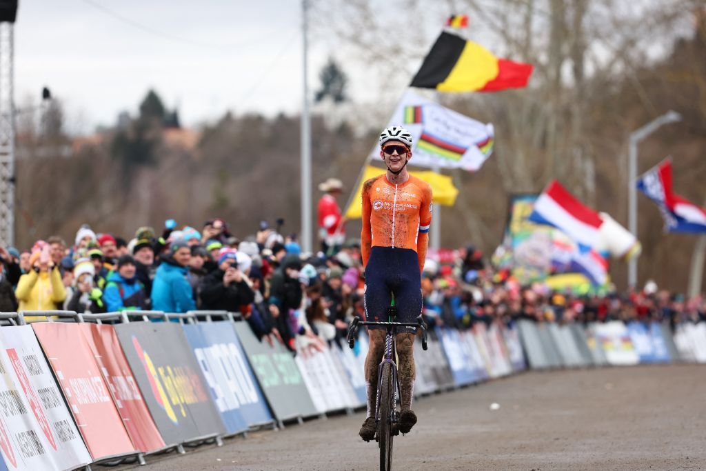 Dutch Tibor Del Grosso celebrates as he crosses the finish line to win the U23 men race event of the Cyclocross World Championships on Saturday 03 February 2024 in Tabor, Czech Republic.
BELGA PHOTO DAVID PINTENS (Photo by DAVID PINTENS / BELGA MAG / Belga via AFP)