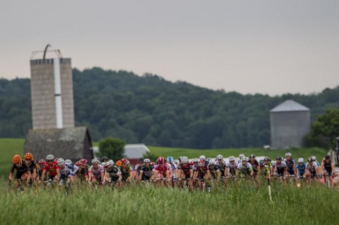 The peloton cruises along through the Wisconsin countryside.