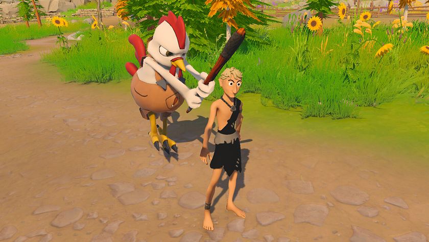 Image of a chicken attacking a human with a club from Chiklet&#039;s Human Products reverse farming game with cute cosy art style