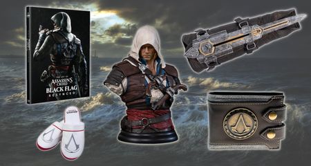 Assassin's Creed merch on an ocean background