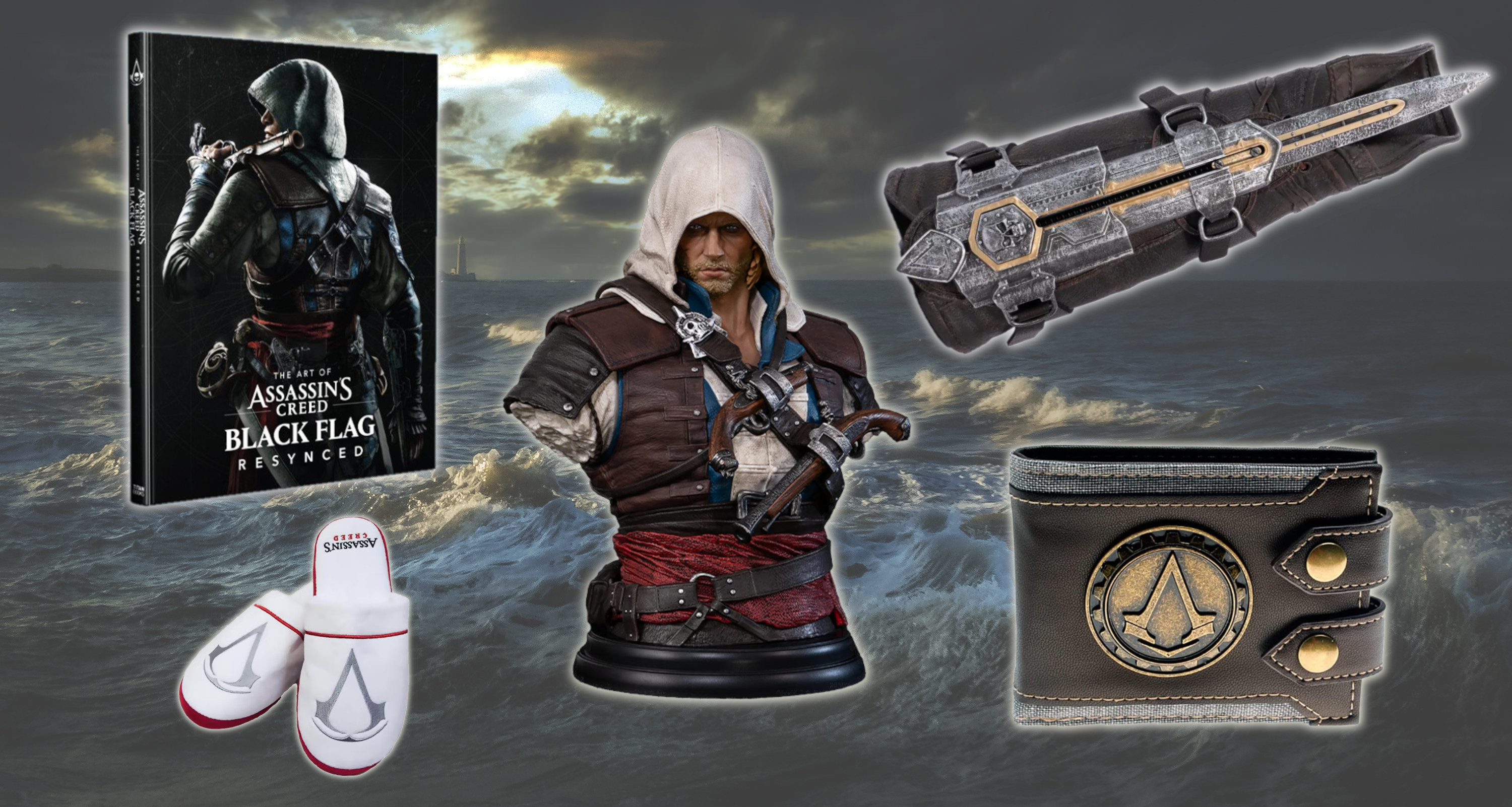 Assassin's Creed merch on an ocean background