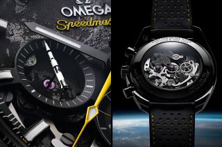 two side-by-side photos of an analog watch. at left: a closeup of the dial. at right: the watch face, with earth and the blackness of space in the background.