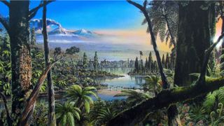 Artist's interpretation of a Cretaceous-era rainforest in Antarctica