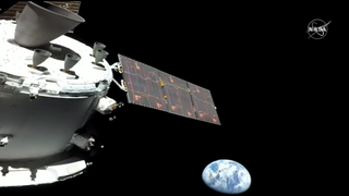 at left, large machinery with conelike engines and a large solar array. at right, a view of earth's disk