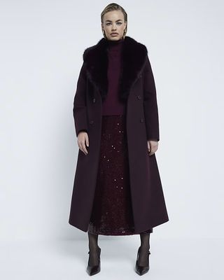 River Island, Red Faux Fur Collar Double Breasted Coat