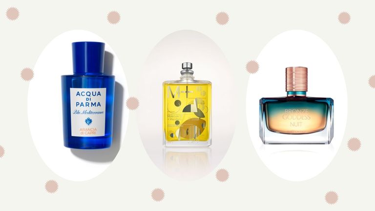 three of the best scents for summer, as picked by Woman & Home's senior beauty editor, on a pink polka dot background