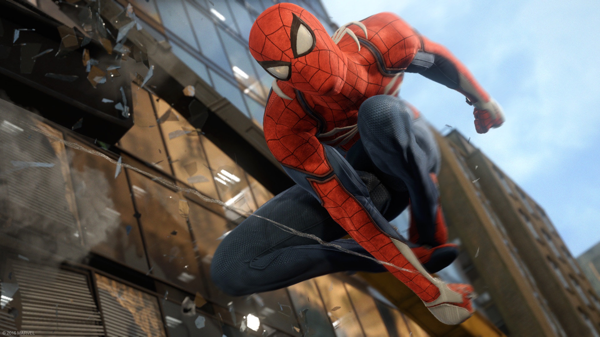 Marvel's SpiderMan, Spider-Man swinging through the air past city buildings- Best Ps4 Pro games
