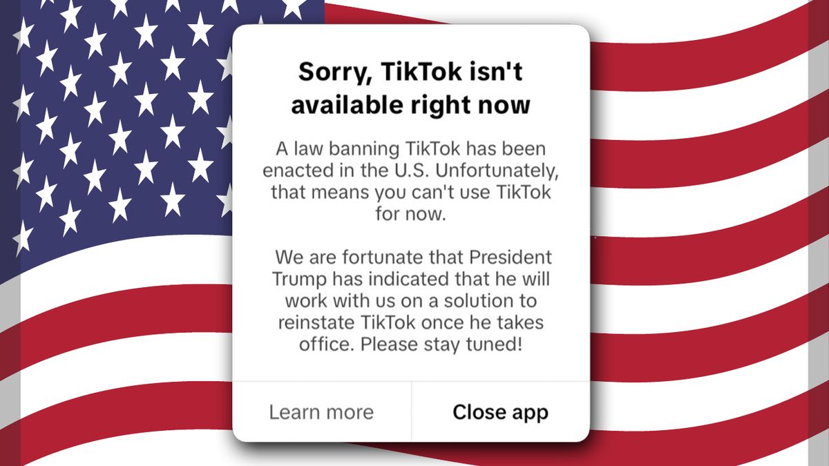 TikTok &quot;ban notice&quot; from January 19 2025, on top of an American flag