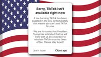 TikTok "ban notice" from January 19 2025, on top of an American flag