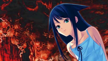 A press image shows the Song of Saya protagonist smiling against a red wall of gore