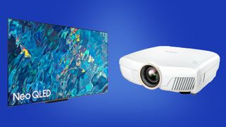 Samsung Neo QLED TV and Epson projector on blue background