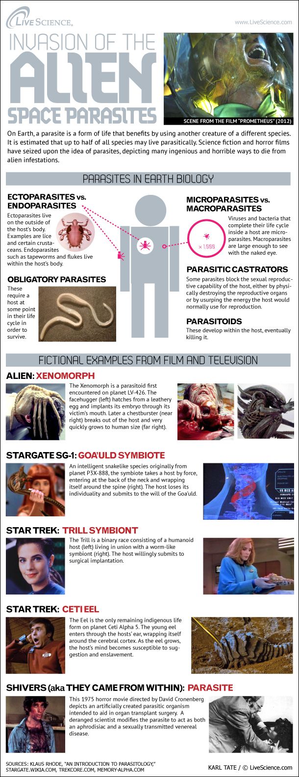 Ridley Scott&#039;s &quot;Prometheus&quot; expands on themes introduced in his 1979 film &quot;Alien,&quot; including the idea of parasitic life forms that incubate inside the human body.