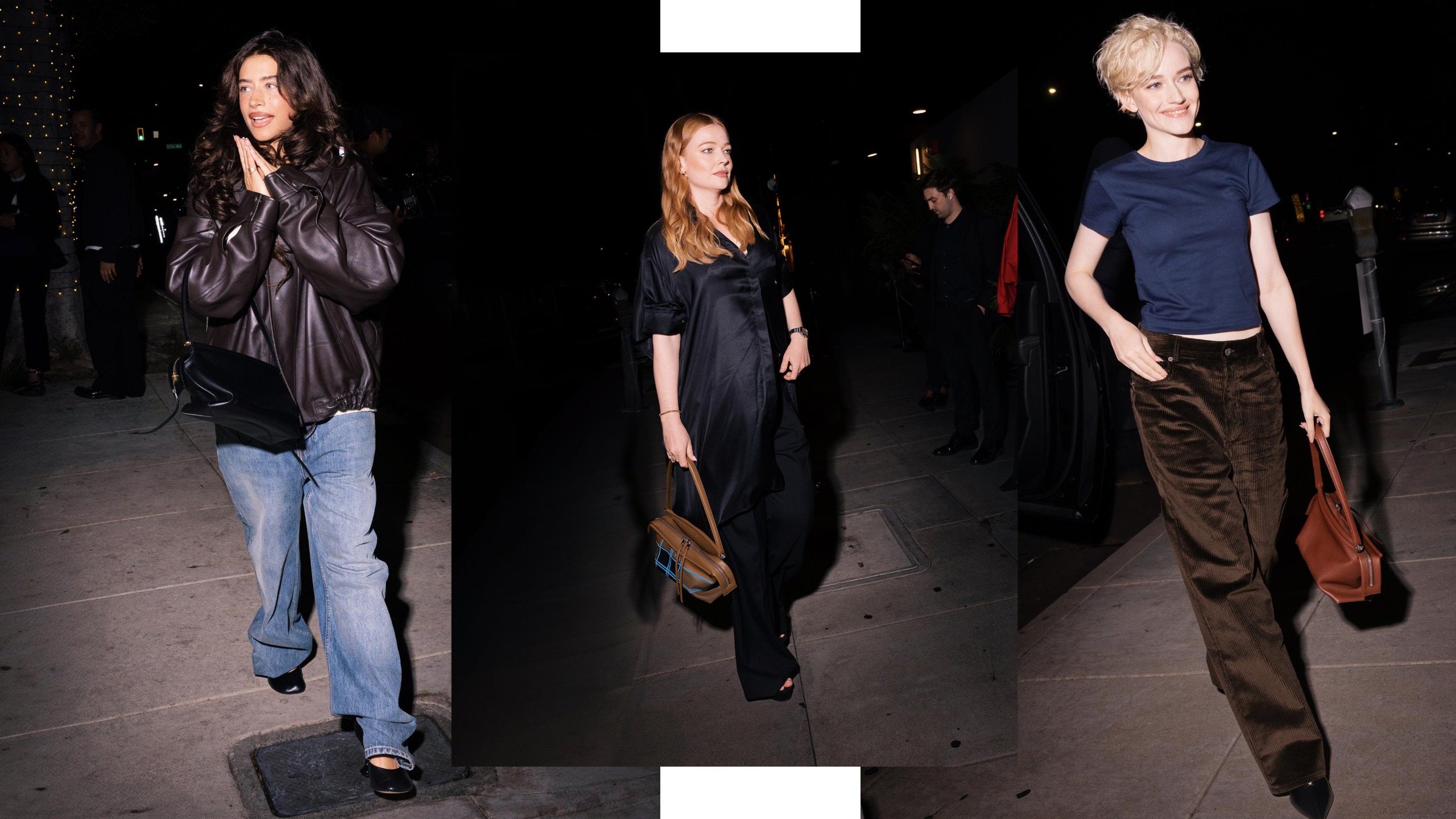 Collage of celebrities carrying the Loewe Whisker bag.