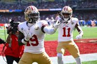 MELBOURNE, AUSTRALIA - SEPTEMBER 11: Deebo Samuel Sr. #19 of the San Francisco 49ers celebrates scoring a touchdown in the fourth quarter of the NFL football game against Los Angeles Rams at the Melbourne Cricket Ground on September 11, 2026 in Melbourne, Australia. (Photo by Quinn Rooney/Getty Images)