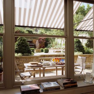 awning ideas: view from inside house looking out onto patio