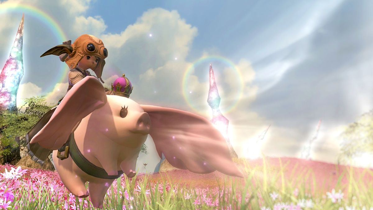 Final Fantasy 14 screenshot showing a colorful, floral field as a backdrop with a Lalafell man atop a rotund pink flying pig mount