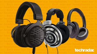 the best over-ear headphones: three black over-ear headphones on an orange background