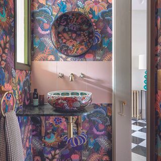 Downstairs cloakroom with purple and blue floral wallpaper