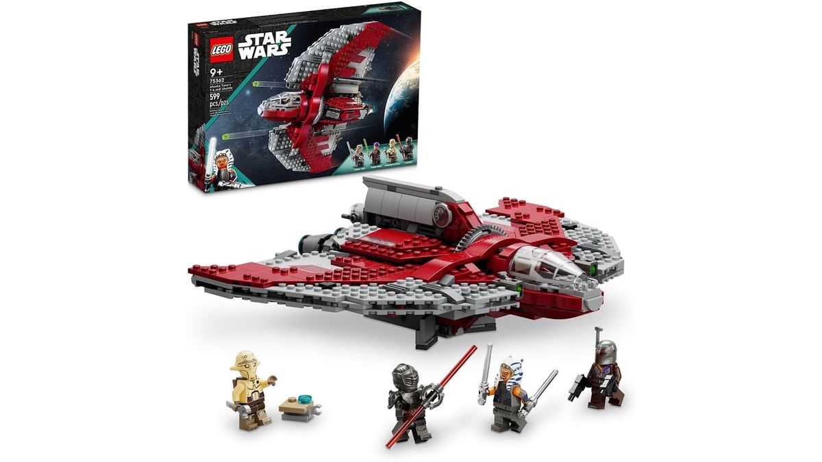 A red and grey Lego spaceship with a product box featuring the spaceship and the "Star Wars" and "Lego" logos behind it with minifigures in front, all on a plain white background.