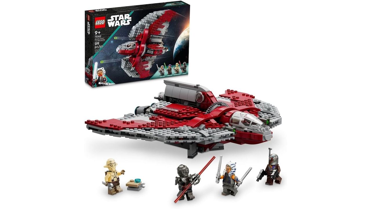 A red and grey Lego spaceship with a product box featuring the spaceship and the "Star Wars" and "Lego" logos behind it with minifigures in front, all on a plain white background.