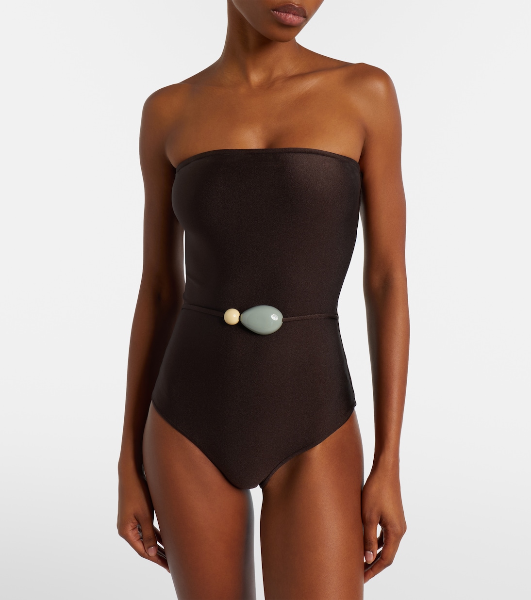 Belted Embellished Swimsuit in Brown - Adriana Degreas
