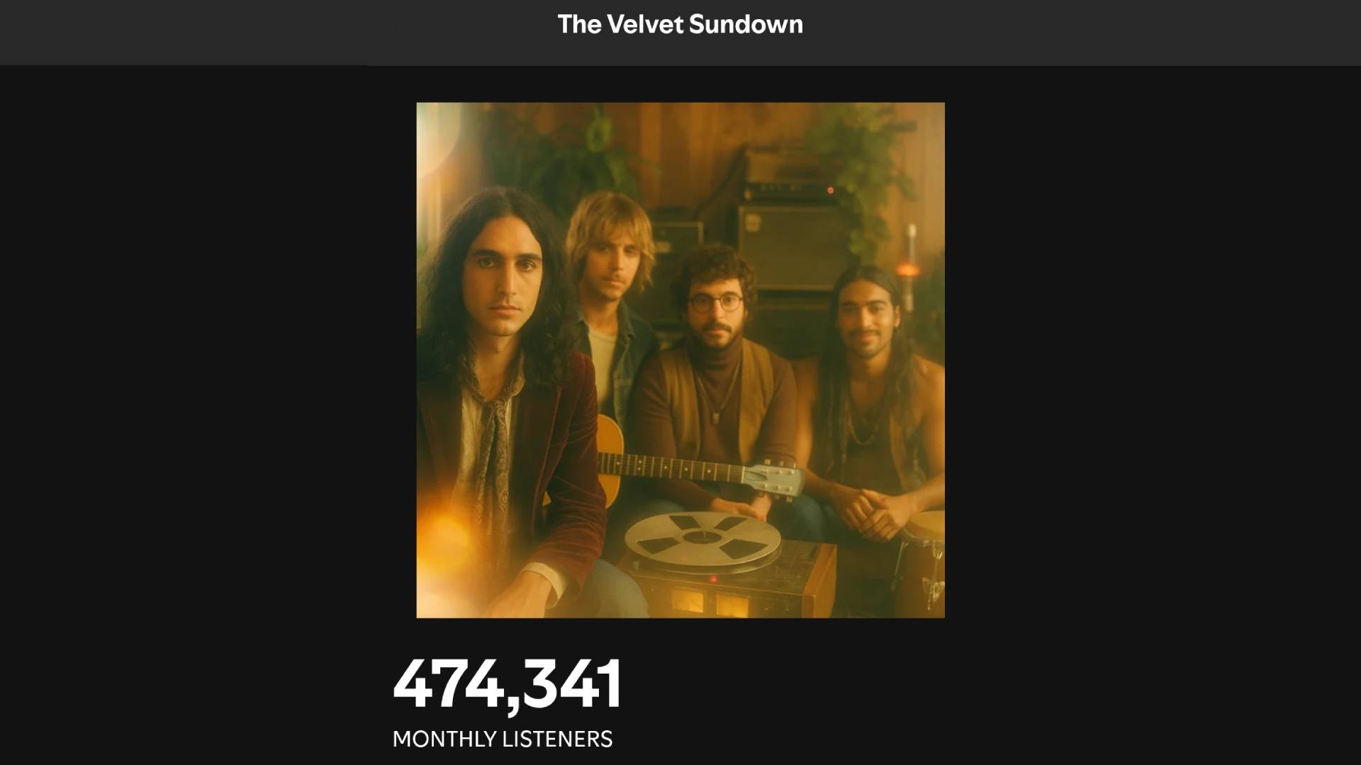 A screenshot of The Velvet Sundown&#039;s monthly listener count on Spotify: 474,341