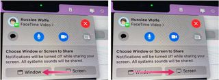 To share your screen using SharePlay in FaceTime, click the FaceTime button, then choose the Screen Share button. Select Window or Screen.