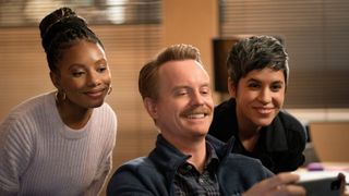 Imani Hakim, David Hornsby and Ashly Burch take a selfie in Mythic Quest season 2.