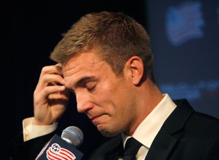 Taylor Twellman announces his retirement in an emotional press conference in 2010.