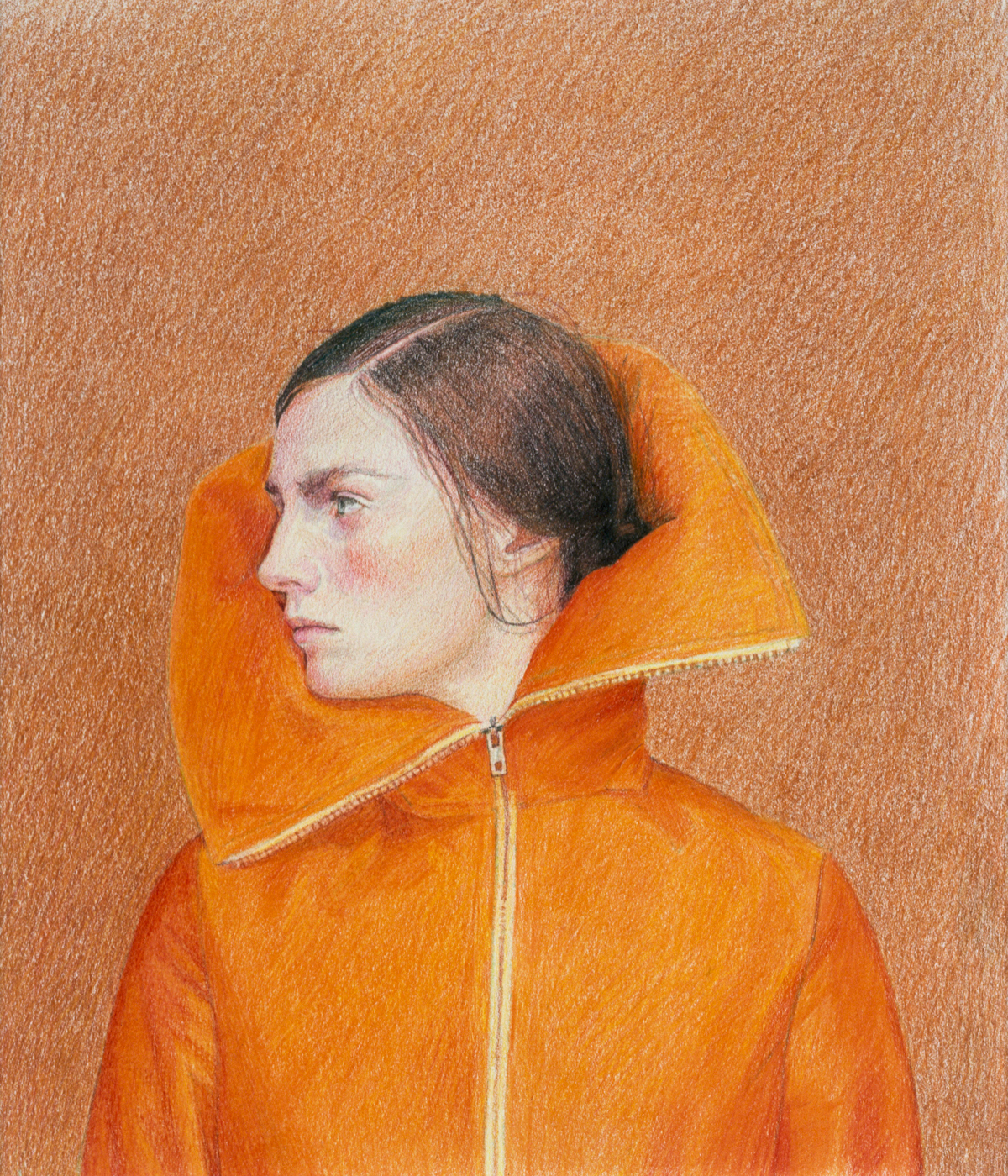 artwork of woman in orange top, head to the side