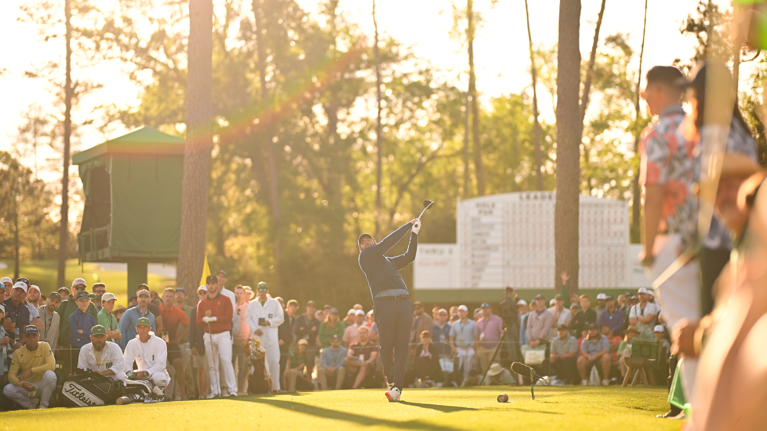 Scottie Scheffler hits a drive off the 17th tee at Augusta National during the 2025 Masters