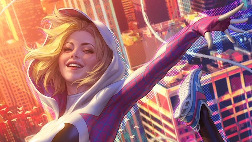 Stanley &#039;Artgerm&#039; Lau; a vibrant, dynamic illustration showcases Spider-Gwen in a dynamic action pose amidst a cityscape, radiating a sense of energy and playful confidence