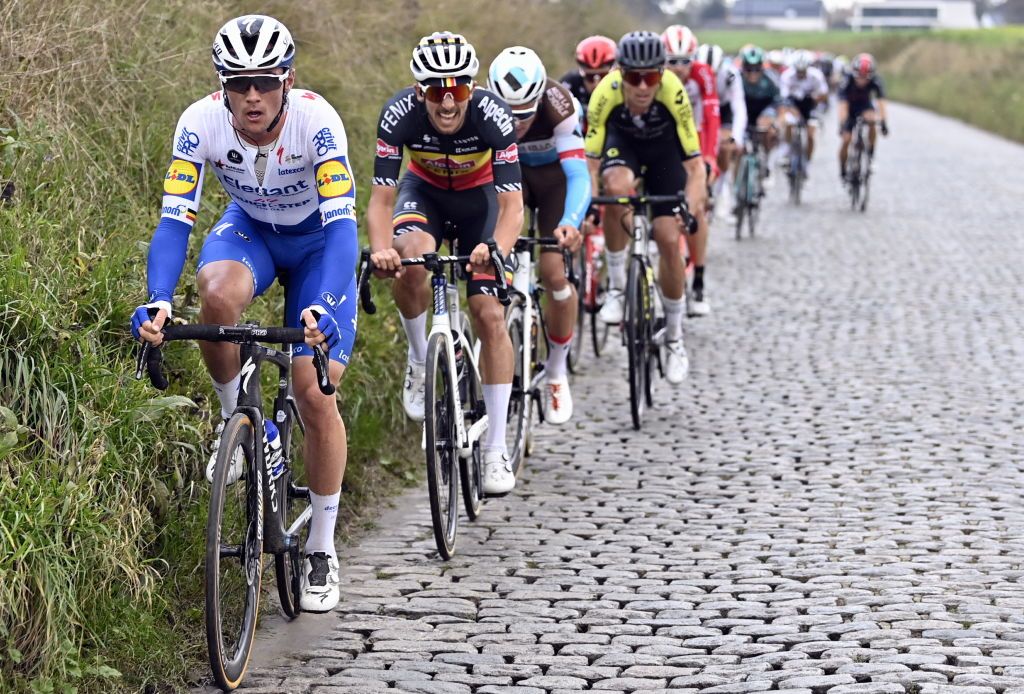 Belgian Yves Lampaert of Deceuninck QuickStep and Belgian Dries De Bondt of AlpecinFenix pictured in action during the Ronde van Vlaanderen Tour des Flandres Tour of Flanders one day cycling race 241 km from Antwerp to Oudenaarde Sunday 18 October 2020 BELGA PHOTO DIRK WAEM Photo by DIRK WAEMBELGA MAGAFP via Getty Images