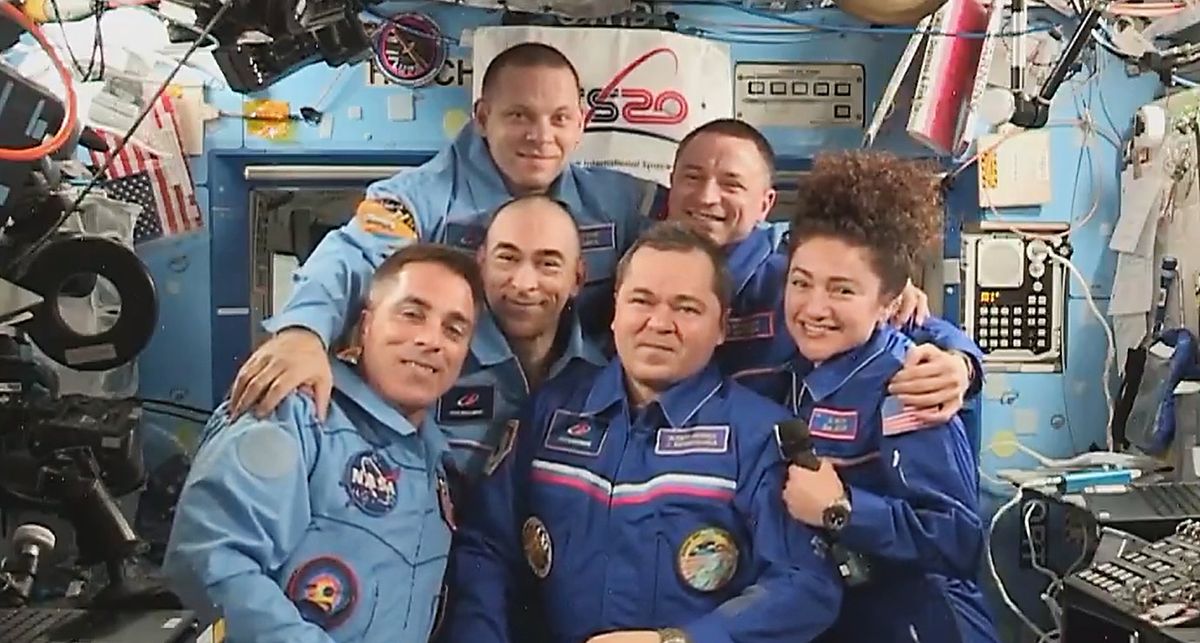 Clockwise from bottom left are International Space Station crewmembers Chris Cassidy, Anatoly Ivanishin, Ivan Vagner, Andrew Morgan, Jessica Meir and Oleg Skripochka. Morgan, Meir and Skripochka will leave the orbiting lab on April 16, 2020.