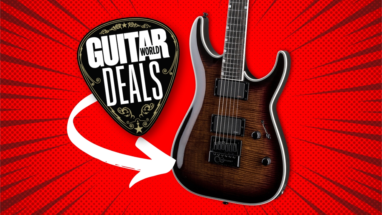 An ESP LTD electric guitar on a red background