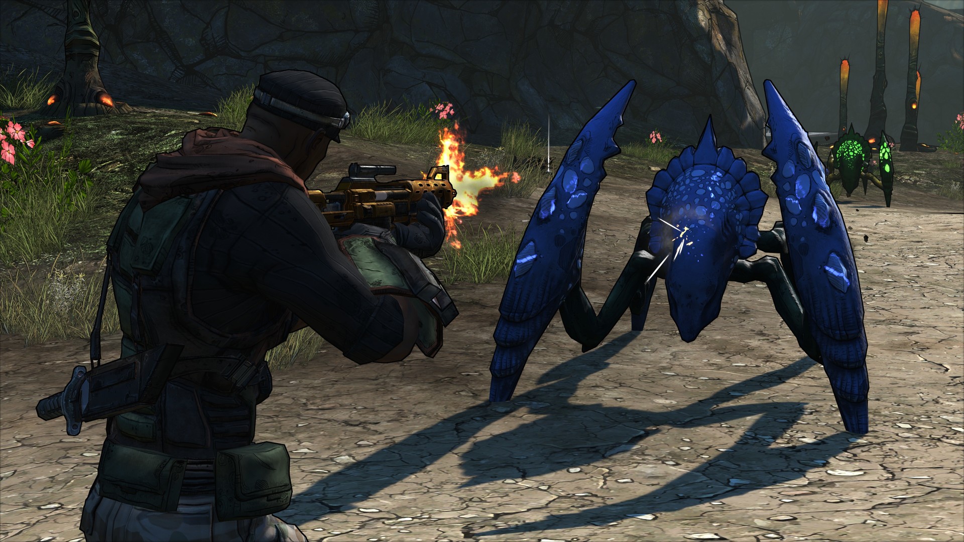 Still from the video game Borderlands. A soldier is firing a rifle at a large, blue, long-limbed bug-like alien.