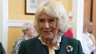 Camilla's sapphire brooch: Camilla, Queen Consort, attends an official council meeting at the City Chambers in Dunfermline, Fife, to formally mark the conferral of city status on the former town on October 3, 2022 in Dunfermline, Scotland.