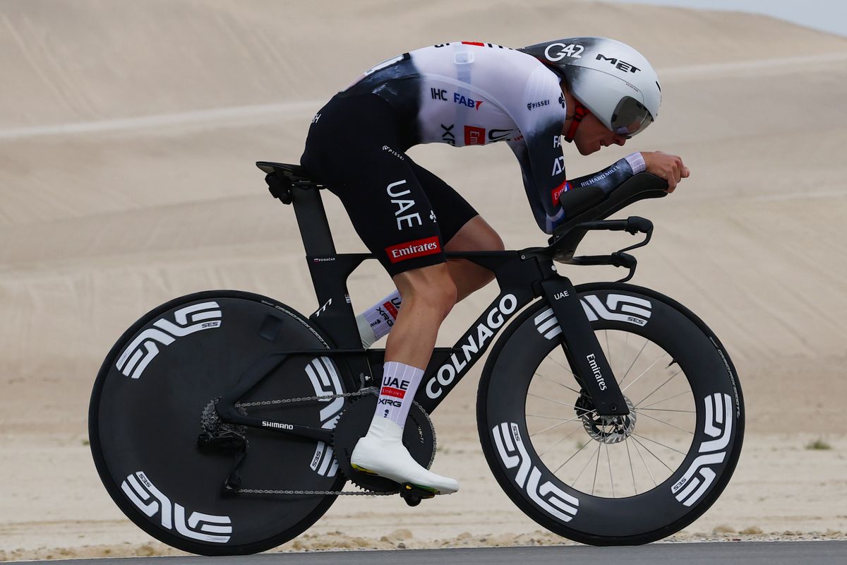 Tadej Pogačar at speed during the UAE Tour time trial