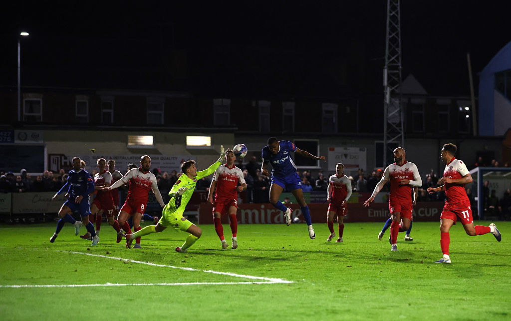 GAINSBOROUGH, ENGLAND - NOVEMBER 2: Sisa Tuntulwana of Gainsborough Trinity scores their first goal during the Emirates FA Cup First Round match between Gainsborough Trinity and Accrington Stanley on November 2, 2025 in Gainsborough, England. (Photo by Ed Sykes/Getty Images)