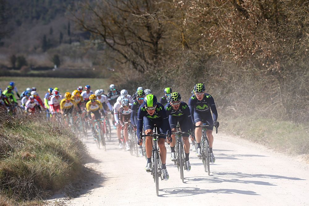 Movistar on the front of the 2015 Strade Bianche